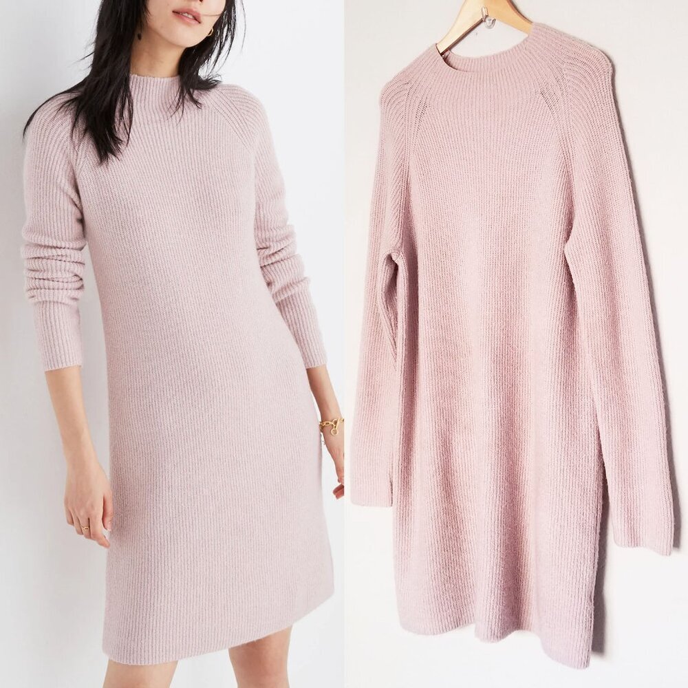 Madewell Northfield Mockneck Sweater Dress L Soft Ribbed Knit Pastel Dove Pink